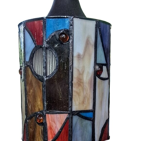 Mid 20th Century Leaded Red, Amber, & Slag‎ Glass Hanging Pendant Lamp - Picture 2 of 10